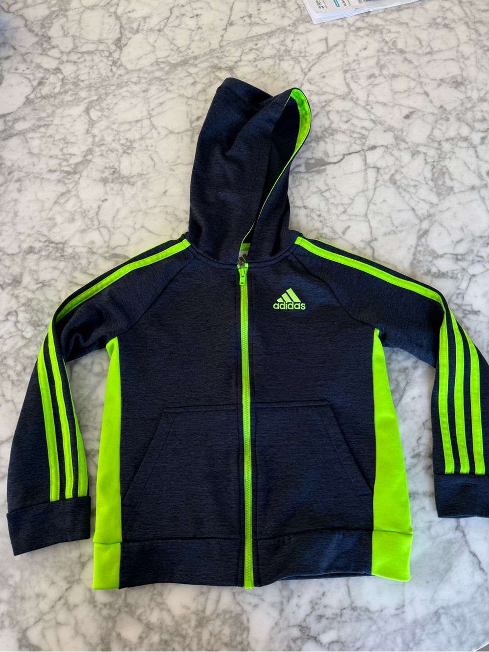adidas Navy and Neon Green Kids Zip Hoodie size 6
